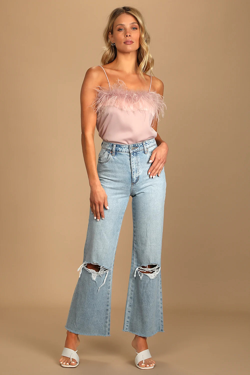 So Much Luxe Blush Satin Feather Tank Top | Lulus (US)