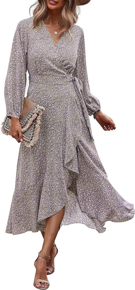 PRETTYGARDEN Women's Long Sleeve Vintage Flowy Dress Floral Print V-Neck Maxi Dresses with Belt | Amazon (US)