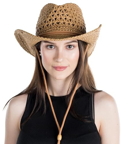 Funky Junque Straw Cowboy Hats for Women Western, Woven Cowgirl Hat - Bendable Brim Open Weave w/Chin Strap - Natural | Amazon (US)