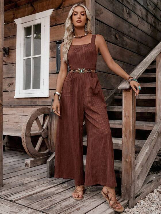 LanaWest Women's Western Countryside Texture Fabric Pocket Wide Leg Jumpsuit | SHEIN