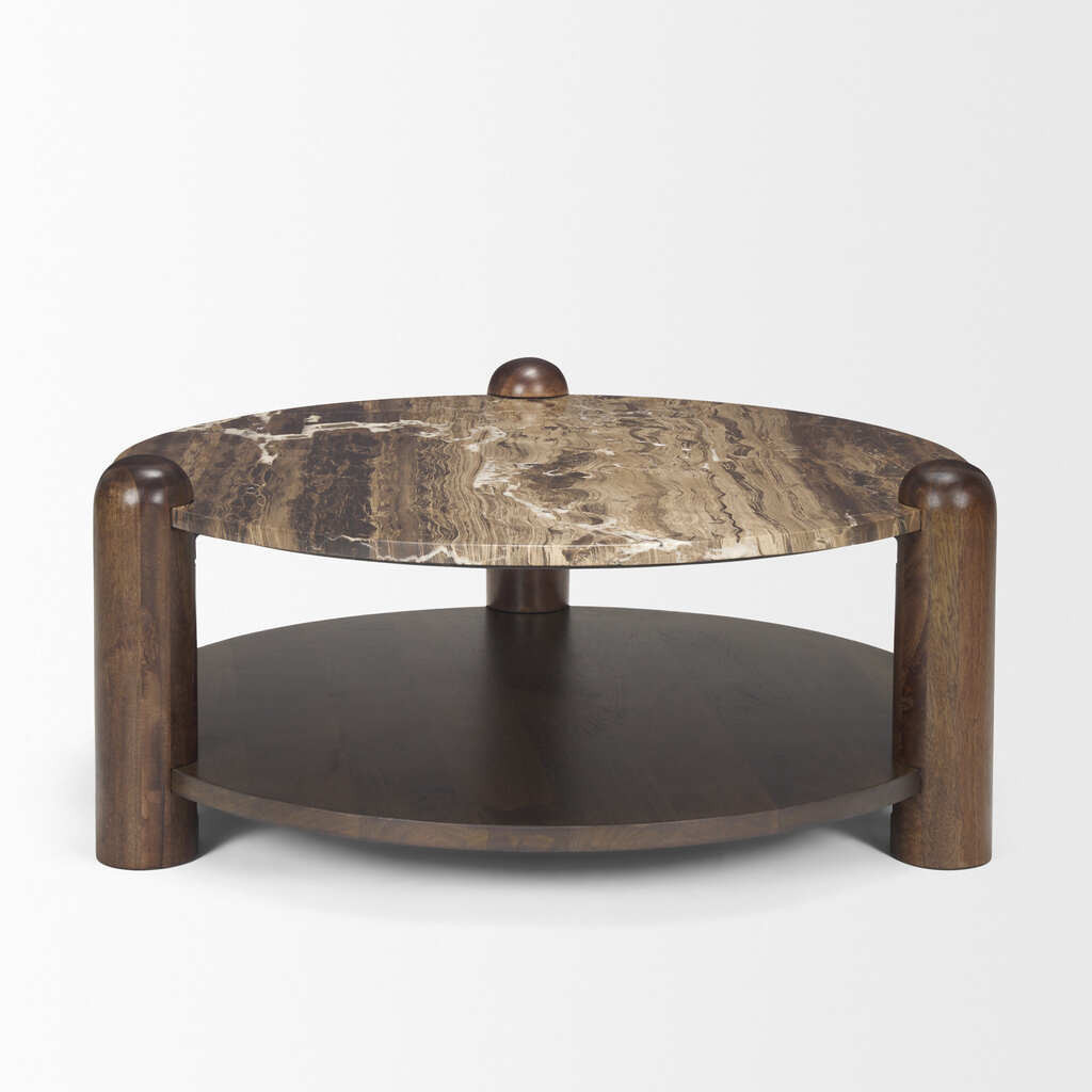 Jovia Mango Wood with Marble Round Coffee Table In Brown | 1stopbedrooms