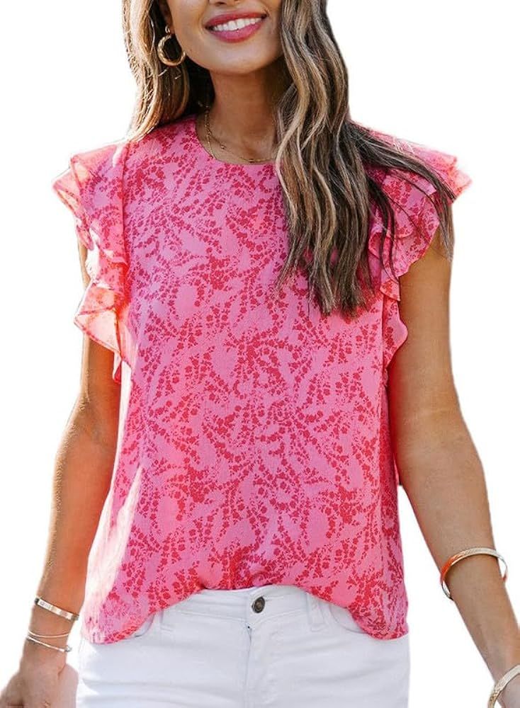 Dokotoo Womens 2024 Summer Crewneck Ruffle Cap Sleeve Floral Print Tank Tops Chiffon Shirts Blous... | Amazon (US)