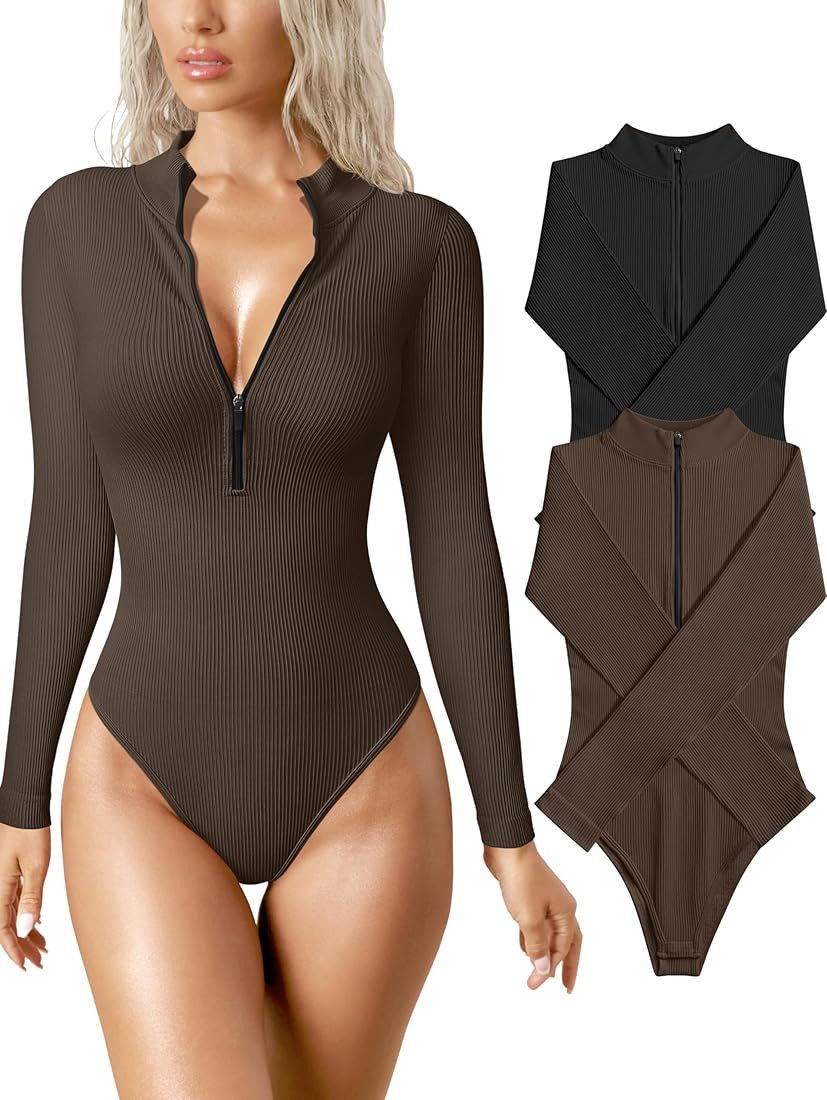 OQQ Women's 2 Piece Bodysuits Sexy Ribbed One Piece Zip Front Long Sleeve Tops Bodysuits | Amazon (US)