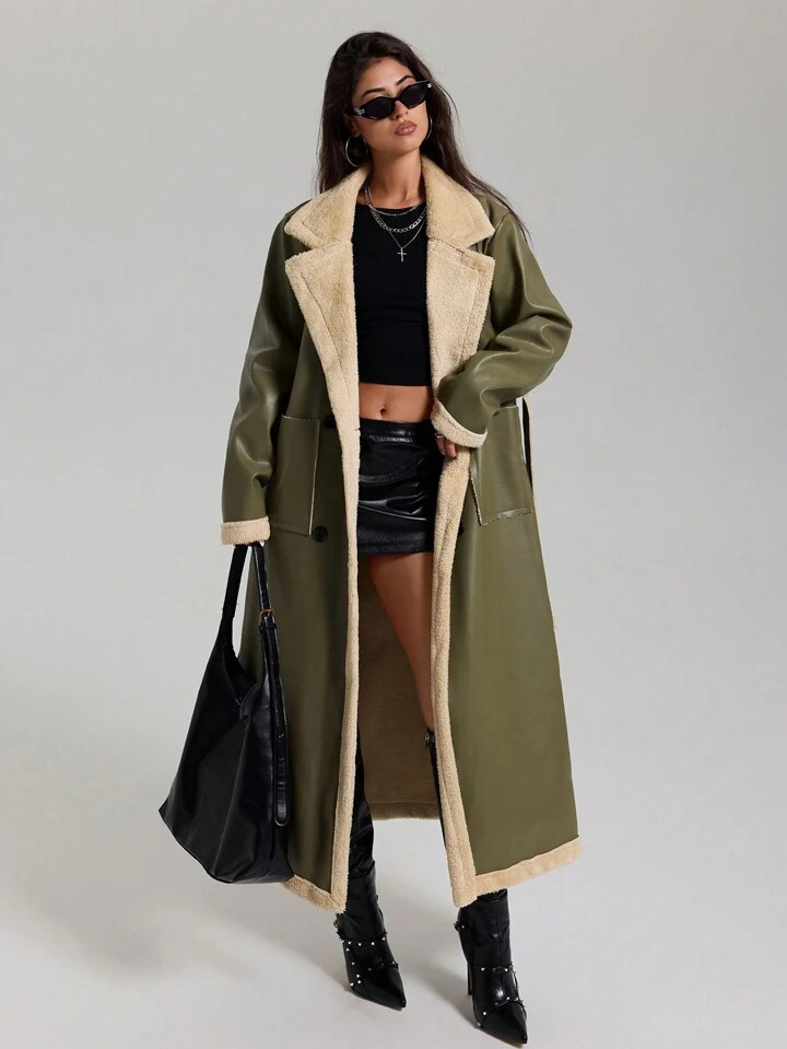 SHEIN 1pc Women Faux Fur Lined Long Coat With Belt, Belted Outerwear, Autumn/Winter | SHEIN