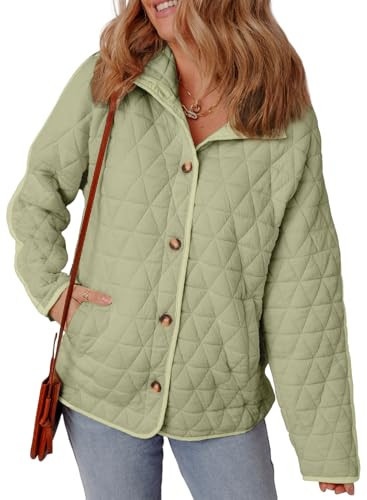 EVALESS Quilted Jackets for Women 2025 Fashion Lightweight Casual Diamond Long Sleeve Button Down Puffer Jacket Warm Winter Coat Outerwear with Pockets,Smoke Green Large | Amazon (US)