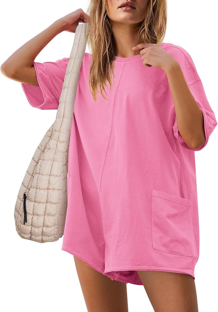 Yanekop Womens Oversized Romper Back V Neck Half Sleeve Jumpsuit Crewneck Tee Romper Overalls wit... | Amazon (US)