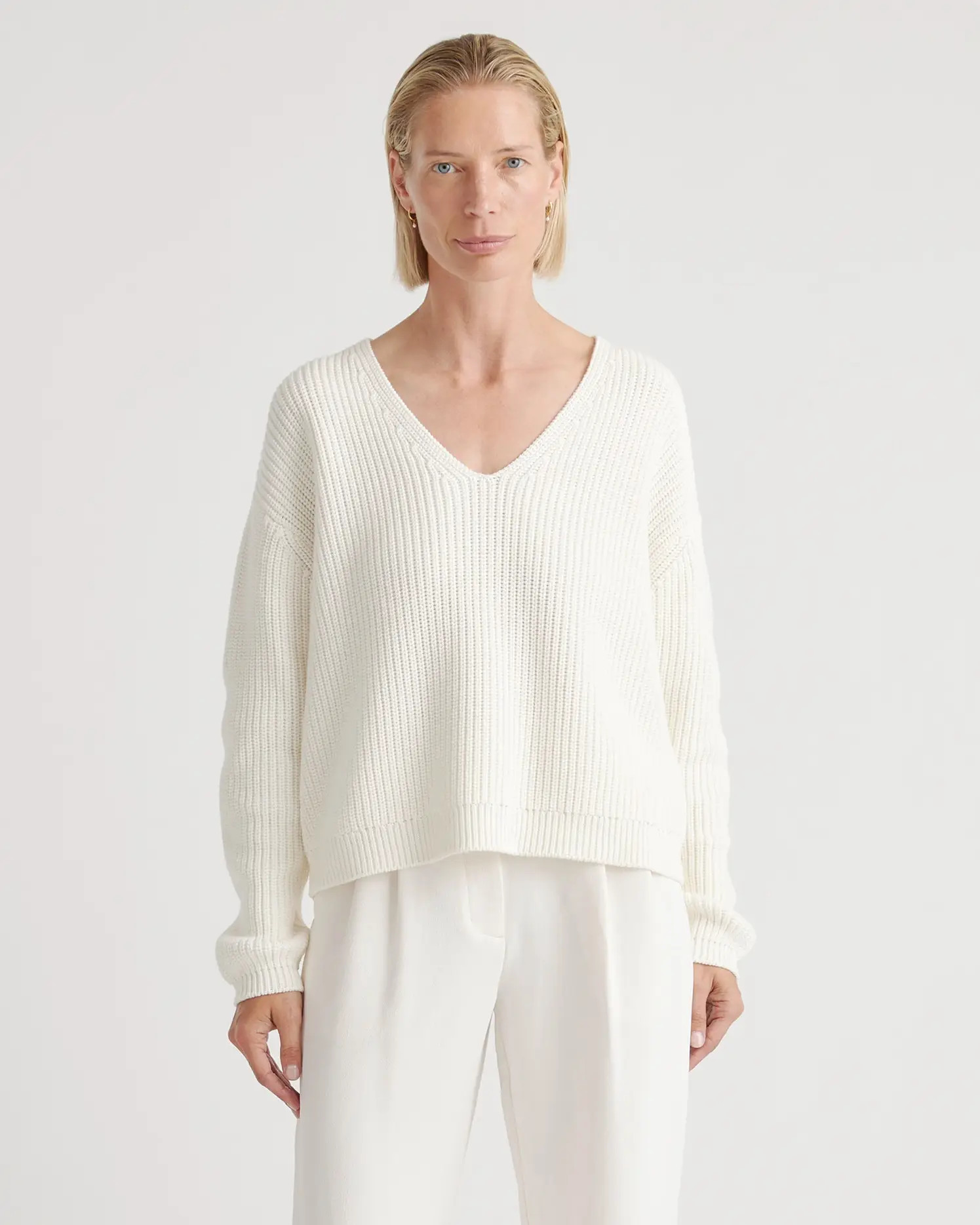 100% Organic Cotton Fisherman V-Neck Sweater in Ivory | Quince