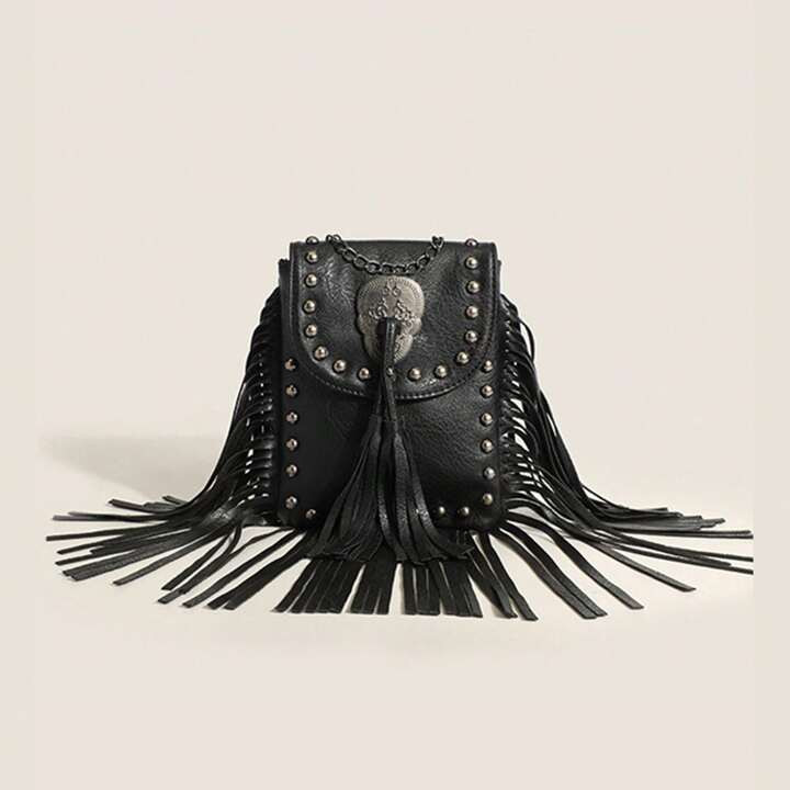 Steampunk Fringe Crossbody Bag, Trendy Rivet Shoulder Bag, Vintage Tassel Mobile Phone Bag Black ... | SHEIN