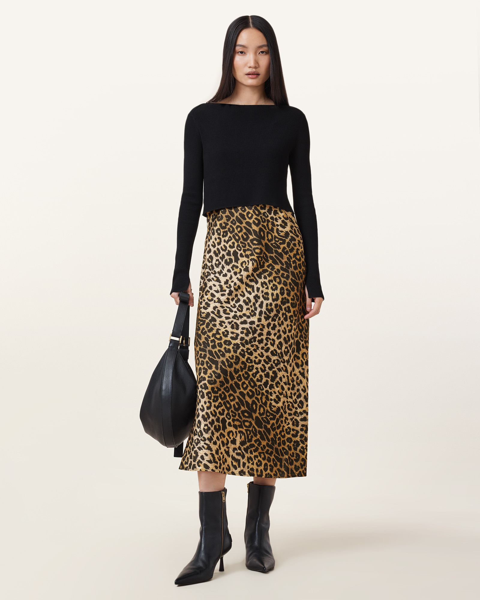 AllSaints Hera Leopard Print 2-In-1 Midi Dress | AllSaints UK