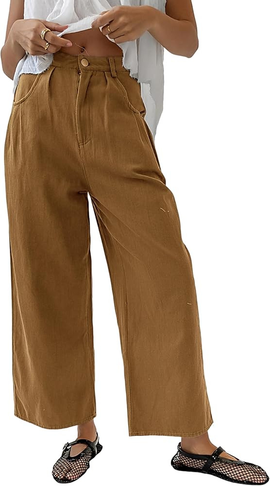 Lentta Womens Cropped Wide Leg Pants High Rise Pleated Casual Capri Baggy Palazzo Trousers with P... | Amazon (US)