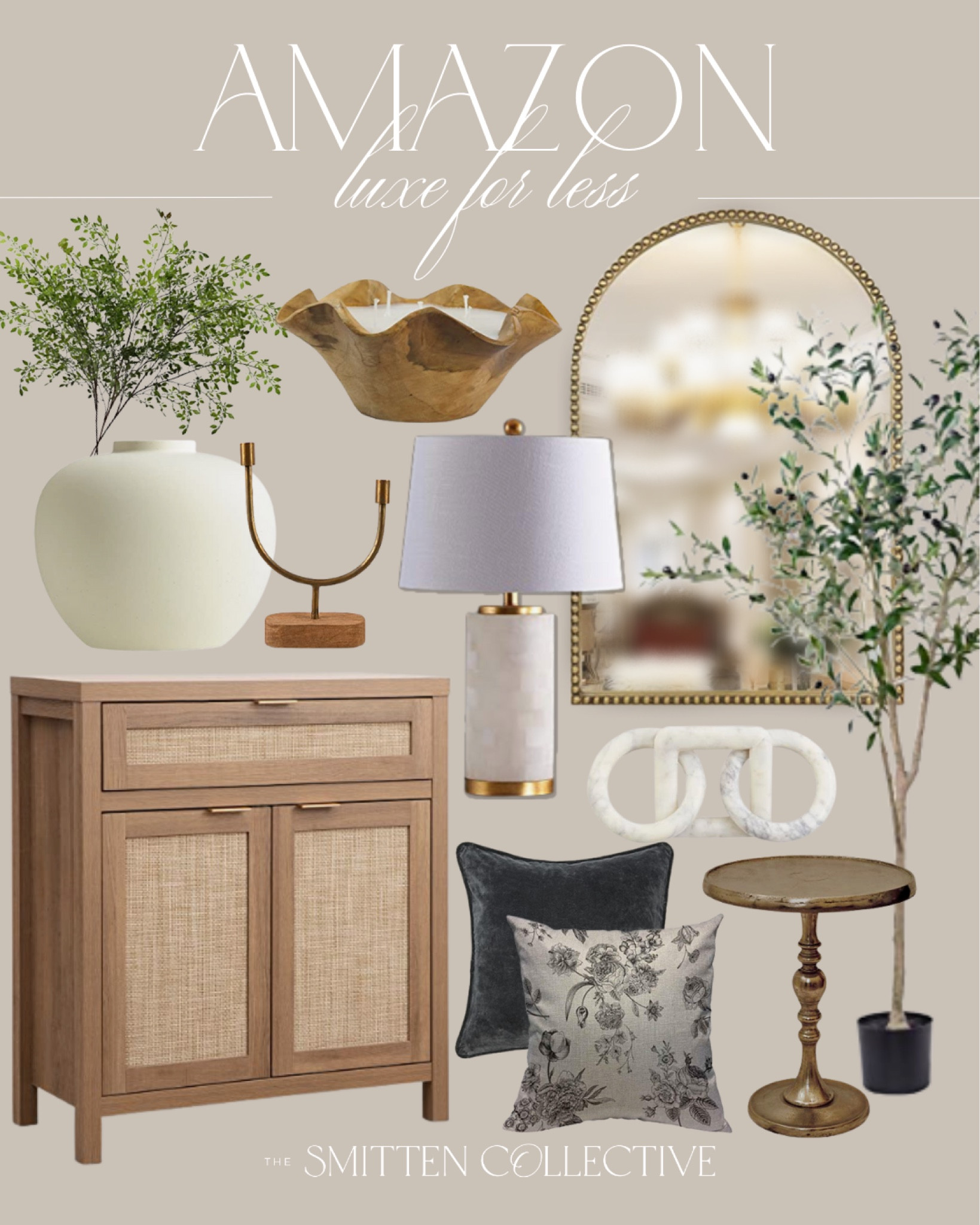 Amazon luxe for less include arched mirror, marble table lamp, marble link decor, faux tree, side table, throw pillows, buffet cabinet, greenery stems, dough bowl candle, candle holder, large vase.

Home decor, home accents, Amazon finds, Amazon home

#LTKfindsunder100 #LTKhome #LTKstyletip