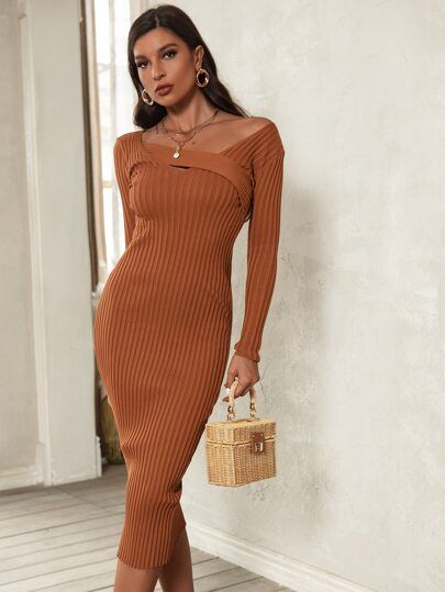 Solid Ribbed Knit Sweater Dress | SHEIN