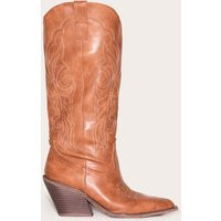 Tan PU Point Toe Calf High Western Boots | PrettyLittleThing US
