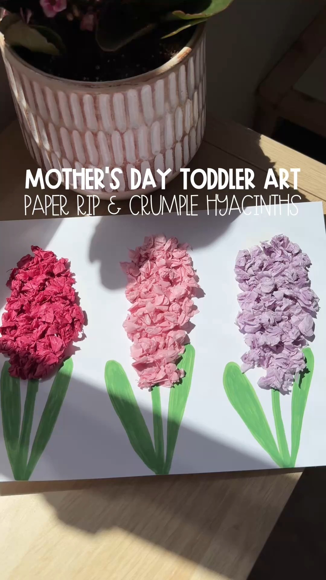Mother’s Day Toddler Art: Rip & Crumple Hyacinths! 🪻

Grab some tissue paper, rip it into small pieces, crumple those pieces up, grab a piece of card stock, draw on some stems and leaves, then just glue your tissue paper onto the stems to make the cutest little hyacinth art! Perfect for a fun Mother’s Day craft to keep or to give to the grandmas! ✨

Macy has really been into ripping up paper lately, so I figured we could turn that interest into the cutest little craft today! 

She definitely had a lot of fun ripping up the paper and attempting to crumple it up! Perfect to work on those fine motor skills! But I think her favorite part was the glue stick! So sticky and fun! 

Macy is 15 months, so a lot of it was hand over hand at the end, but it’s still so much fun to spend time together and try something new! She was able to explore some new textures and surprisingly she is putting less and less in her mouth lately, which is starting to open up some different activities! She did try to taste the tissue paper and the glue stick, but once she realized that it wasn’t too tasty she put it back down! Letting your toddler explore the world around them with your support is so great for them! ☺️ 

 #mothersdaygift #mothersdaygiftideas  #homemadegift #toddleractivities #mothersdayart #toddlerart

#LTKKids #LTKSeasonal #LTKFamily