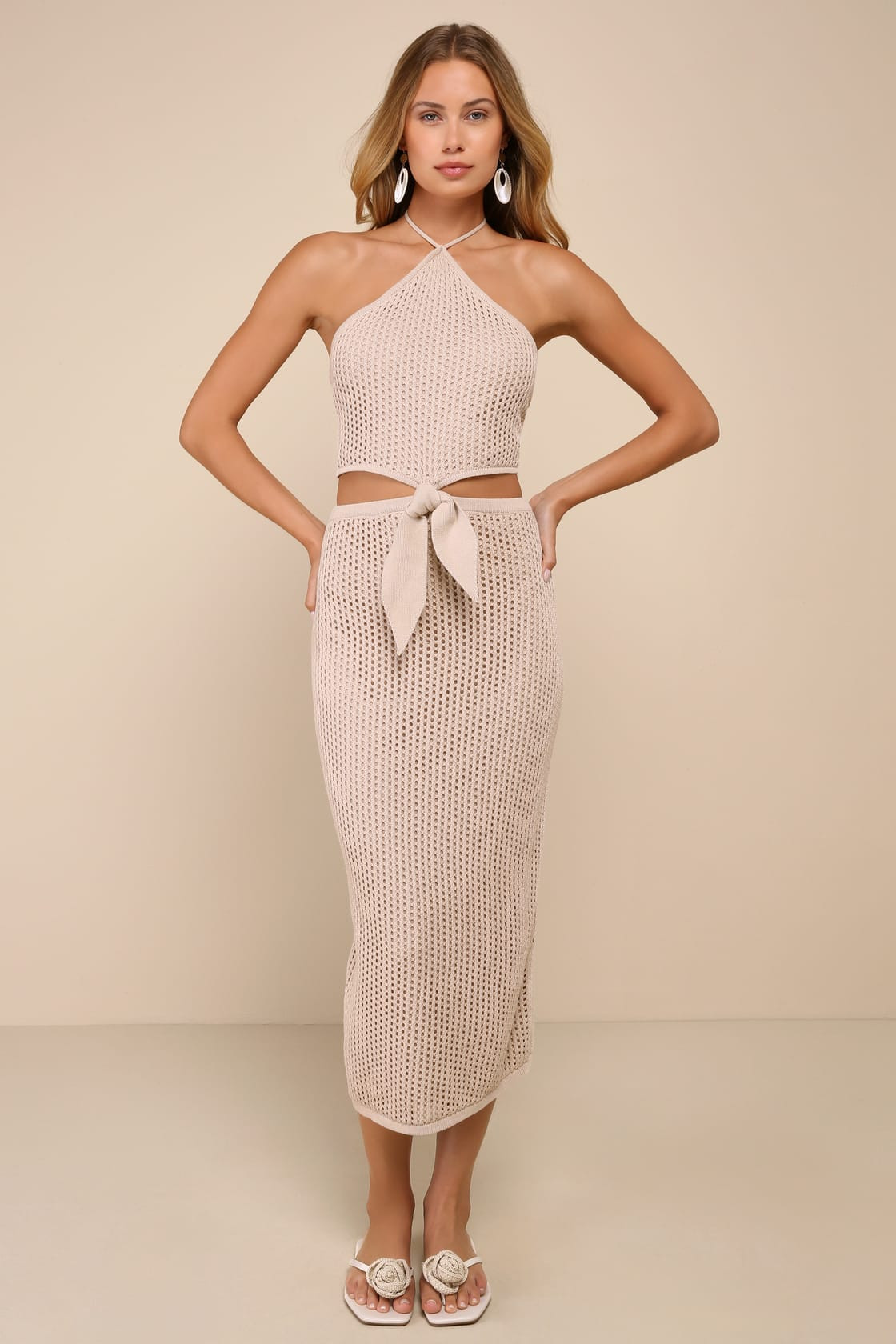 Sunny Serenity Beige Crochet Cutout Halter Midi Dress | Lulus