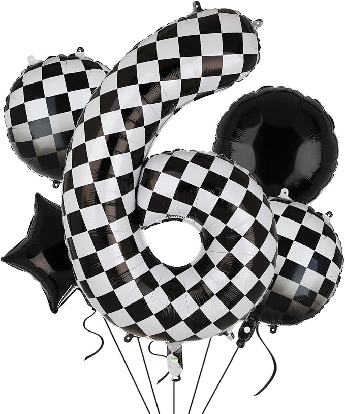 40 Inch Checkered Number Balloon 6 Black and White Race Car Birthday Balloons Baby Hippie Smile P... | Amazon (US)