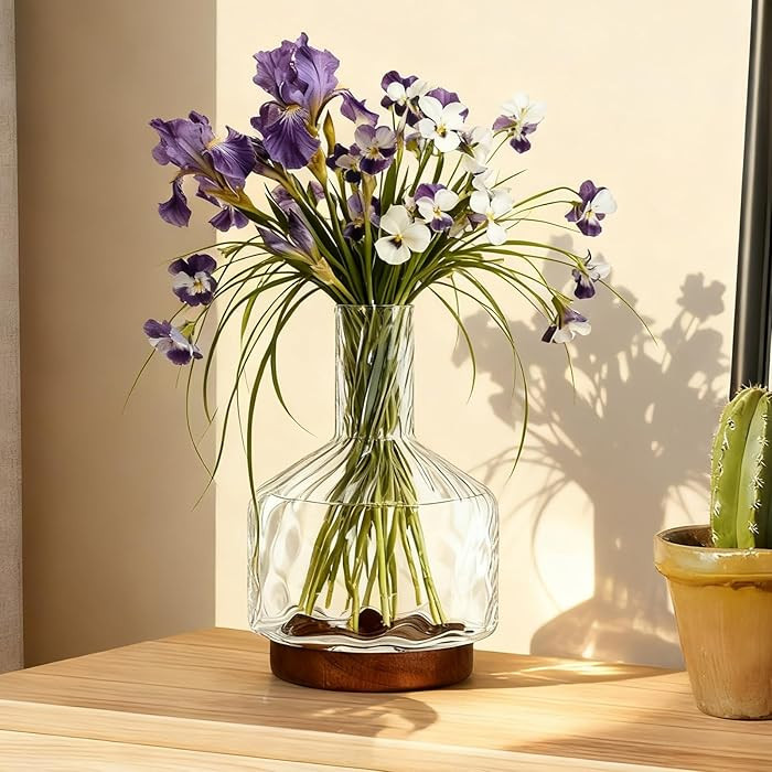 Glass Vase for Flowers, Rippled Flower Vases with Wooden Base,10inch Clear Jug Vase for Long Stem... | Amazon (US)