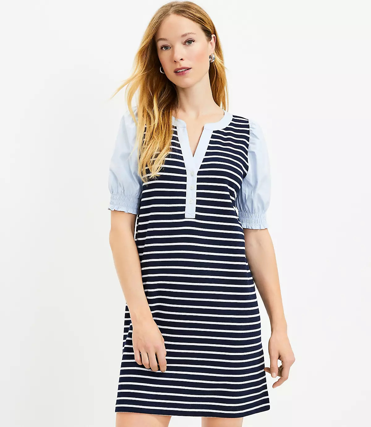 Striped Mixed Media V-Neck Shift Dress | LOFT