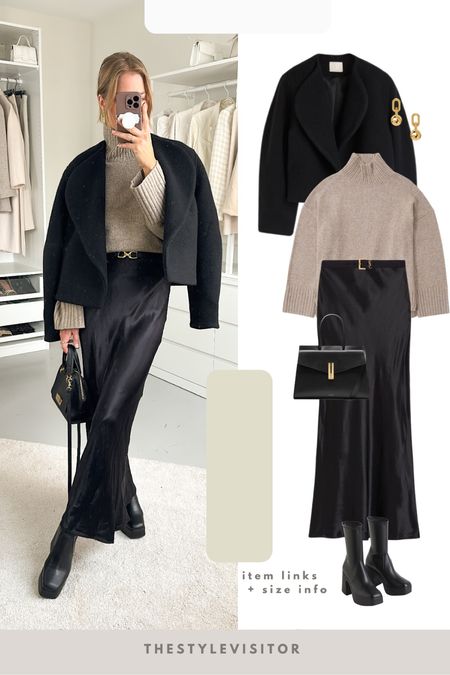 Maxi skirt (xs) look with tucked in sweater (xs). Love the short wool jacket, be aware it has no pockets though. Read the size guide/size reviews to pick the right size.

Fall outfit inspo, black wool coat, short jacket, wool jacket, brown sweater, satin skirt, platform boots 

Leave a 🖤 to favorite this post and come back later to shop

#LTKeurope #LTKstyletip #LTKSeasonal