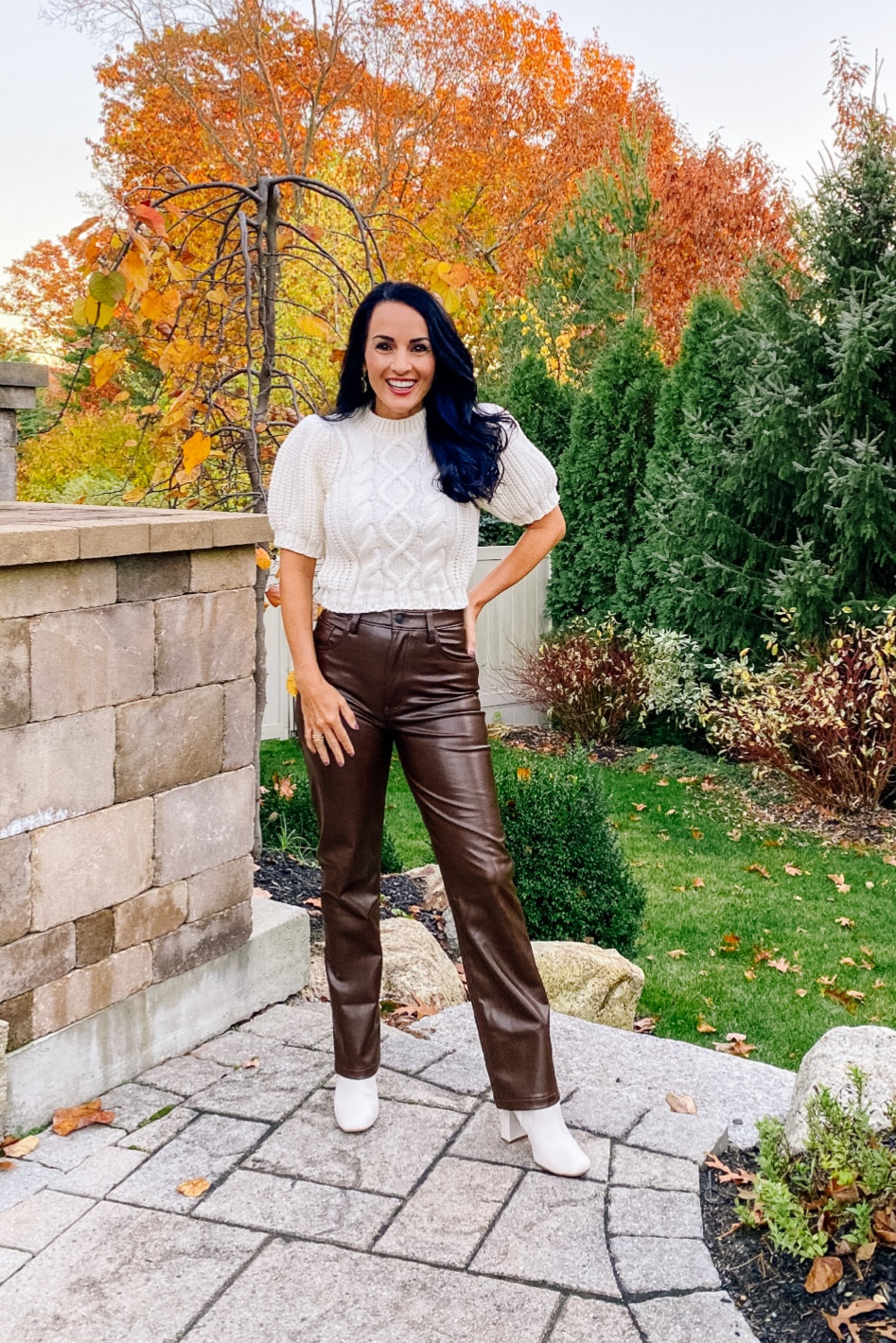 Faux leather straight pants 
Puff shoulder sweater 
Booties 

#LTKunder100 #LTKsalealert #LTKstyletip