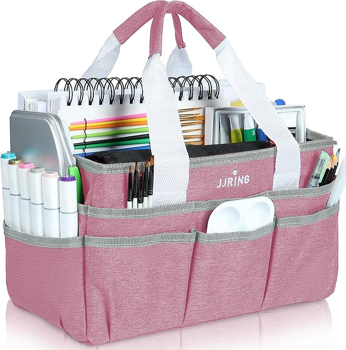 JJRING Craft Organizer Tote Bag, Art Storage Caddy with Multiple Pockets, Pink Sewing Bag for Art... | Amazon (US)