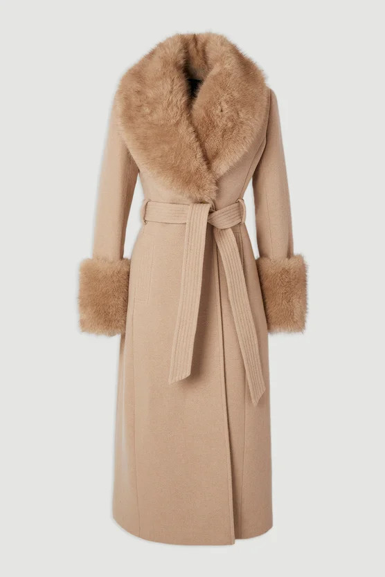 Wool Blend Detachable Faux Fur Belted Midi Coat | Karen Millen UK + IE + DE + NL