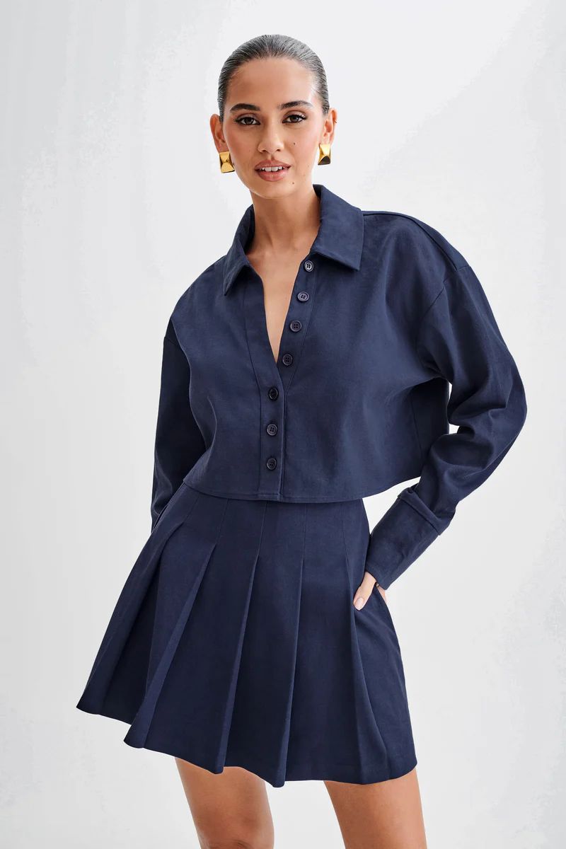 Julianna Cotton Button Up Shirt - Navy | MESHKI US