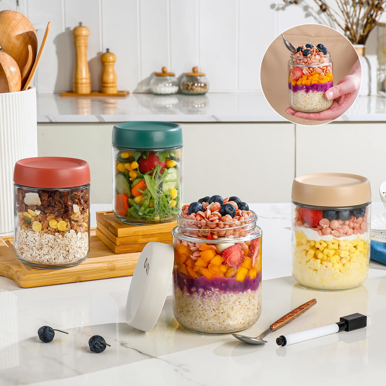 DIMBRAH Overnight Oats Containers with Lids,16oz Glass Jars with Lids - Set Of 4, Practical Oatme... | Amazon (US)