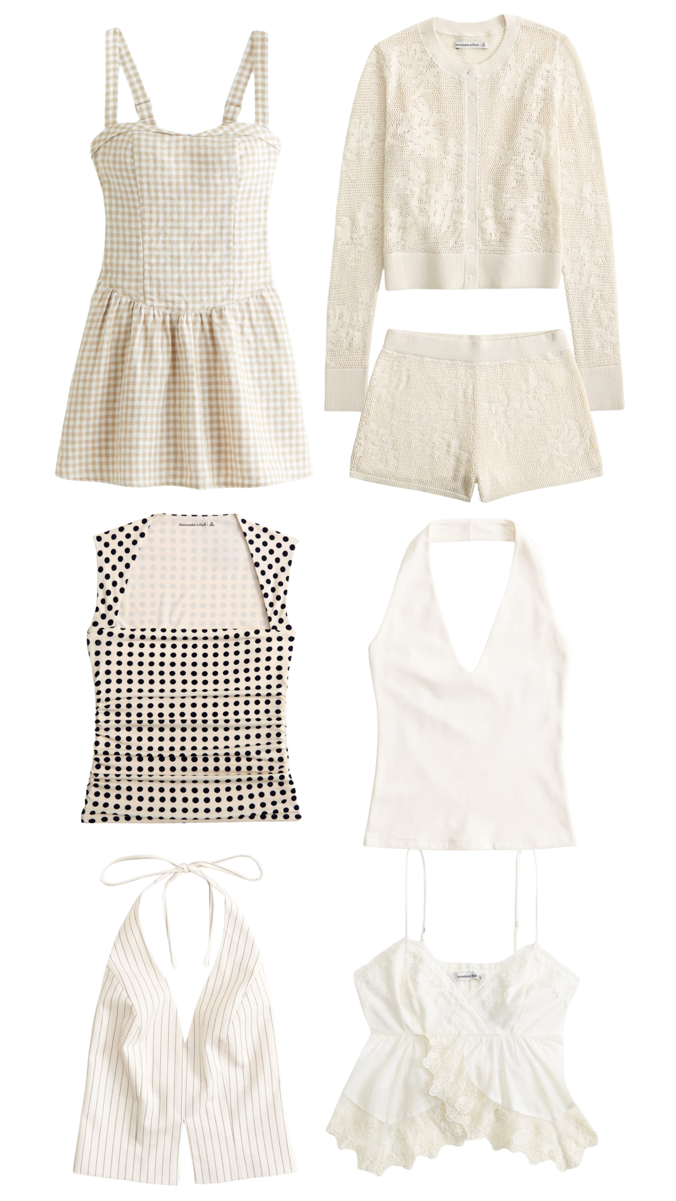 abercrombie and fitch new arrivals!

neutral summer outfits, feminine capsule wardrobe, polka dots, coastal granddaughter aesthetic, white lace tops, halter top, chic summer layering, gingham outfit, lightweight matching set 

 #LTKSeasonal #LTKFindsUnder50 #LTKStyleTip
