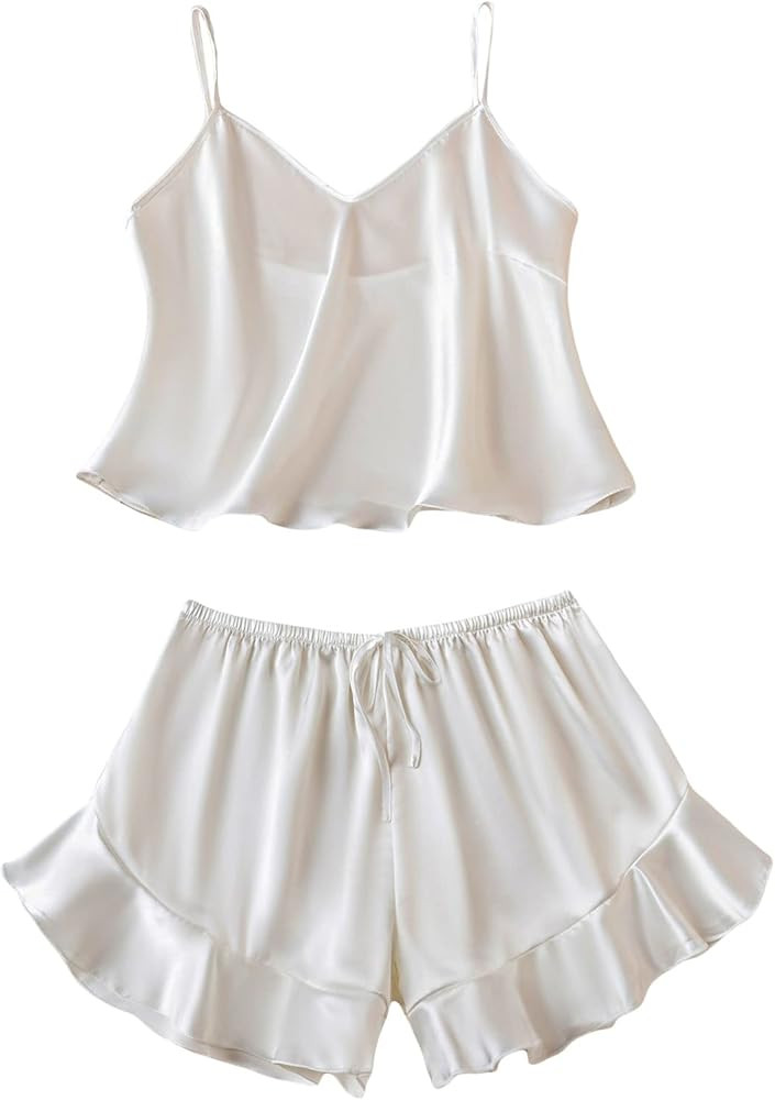 SOLY HUX Women's Sexy Silk Satin Ruffled Pajamas Sets Cami Shorts Sets Sleepwear | Amazon (US)