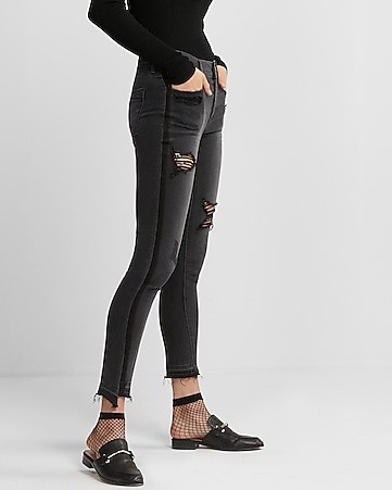 Mid Rise Black Striped Distressed Stretch Jean Ankle Leggings | Express
