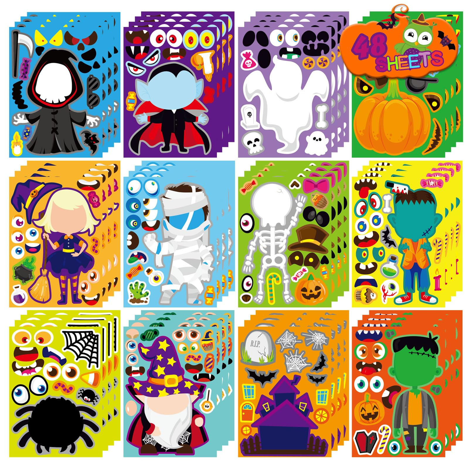 48 PCS Halloween Make-a-face Stickers Halloween Characters Stickers for Kids Make Your Own Mix and Match Sticker DIY Crafts Decorating Toy Sticker Trick or Treat Party Game Activities | Amazon (US)