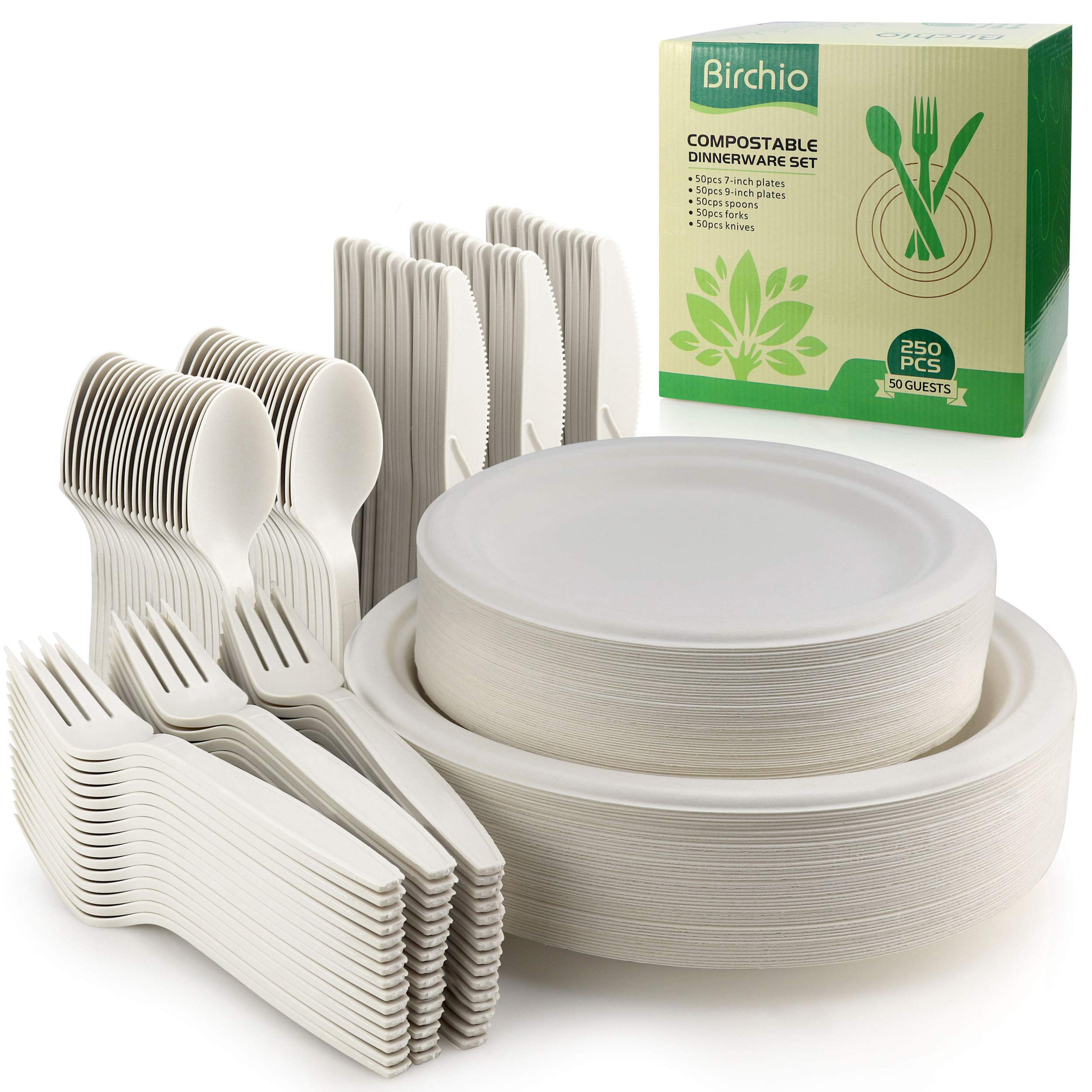 250 Piece Biodegradable Paper Plates Set (EXTRA LONG UTENSILS), Disposable Dinnerware Set, Eco Fr... | Amazon (US)