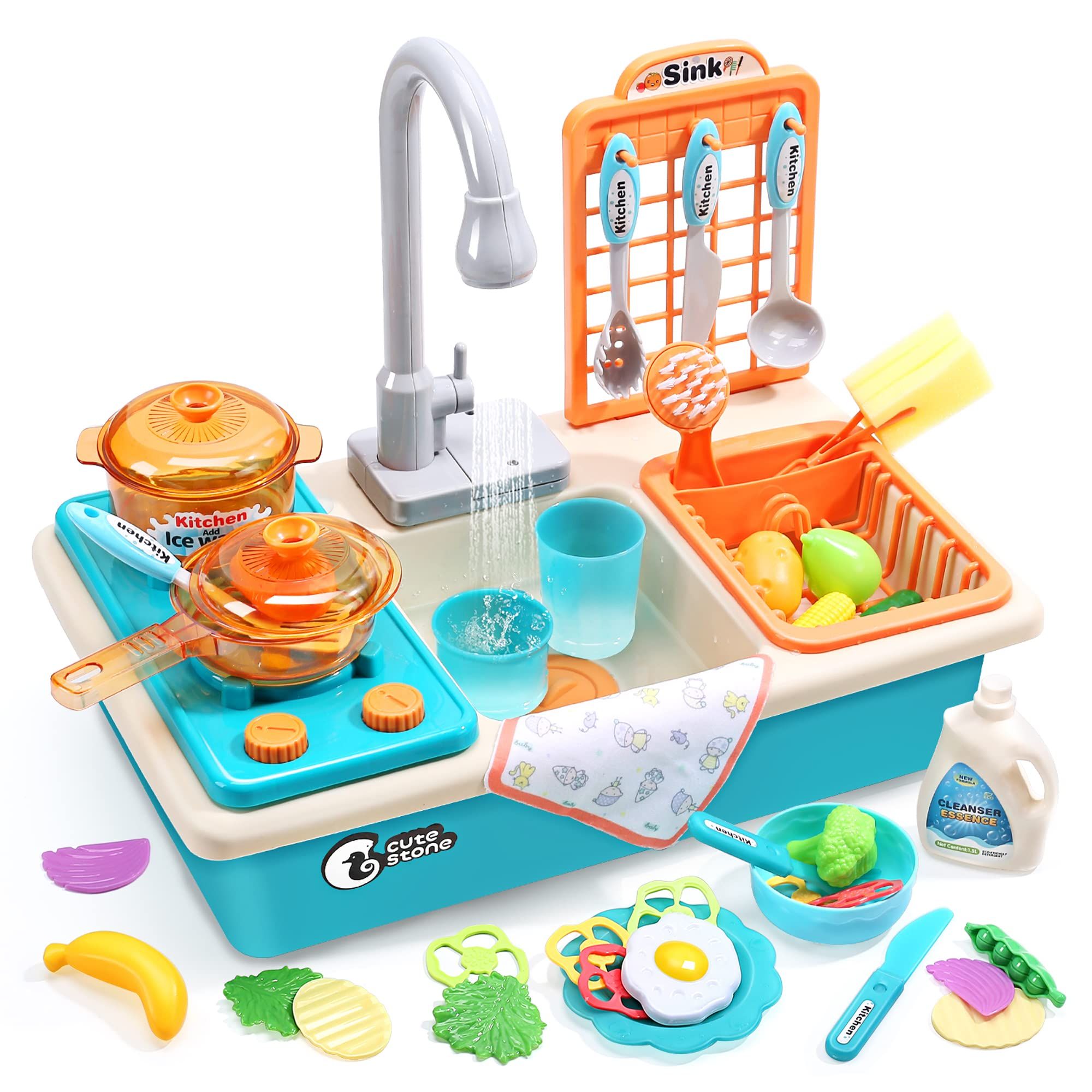 CUTE STONE Play Kitchen Sink Toys with Upgraded Real Faucet, Play Cooking Stove, Cookware Pot and... | Amazon (US)