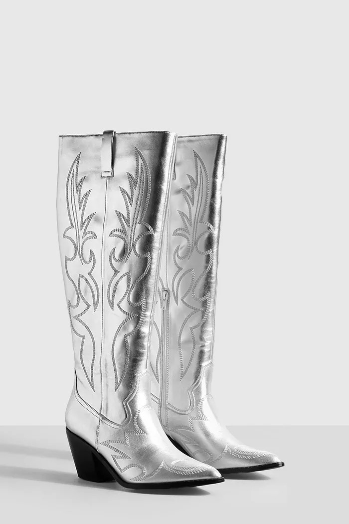 Embroidered Knee High Metallic Western Cowboy Boots | Boohoo.com (US & CA)