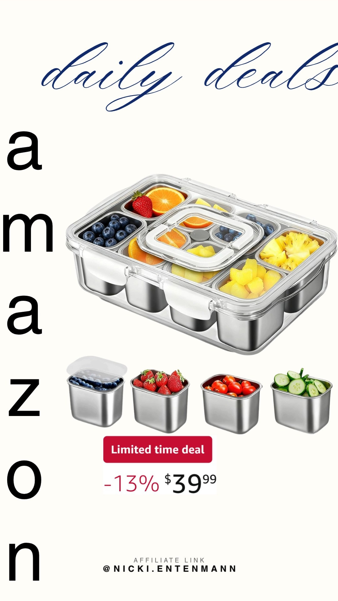 Pack fun and freshness with the Snackle Box Container, a stainless steel divided serving tray with lid and handle. Perfect for fruit, veggies, candy, or snacks on travel, parties, and picnics. #snacklebox #servingtray #kitchenessentials #foodstorage #picnicgear #partyplatter #travelessentials #homeessentials #shoppingdeal #modernliving 🍇🍬🥗 

 #LTKfoodie #LTKSaleAlert #LTKTravel