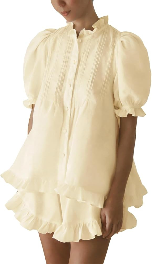 Womens Ruffle Short Set Fashion Summer Puff Sleeve Button Down Top and Shorts Cotton 2 Piece Outf... | Amazon (US)