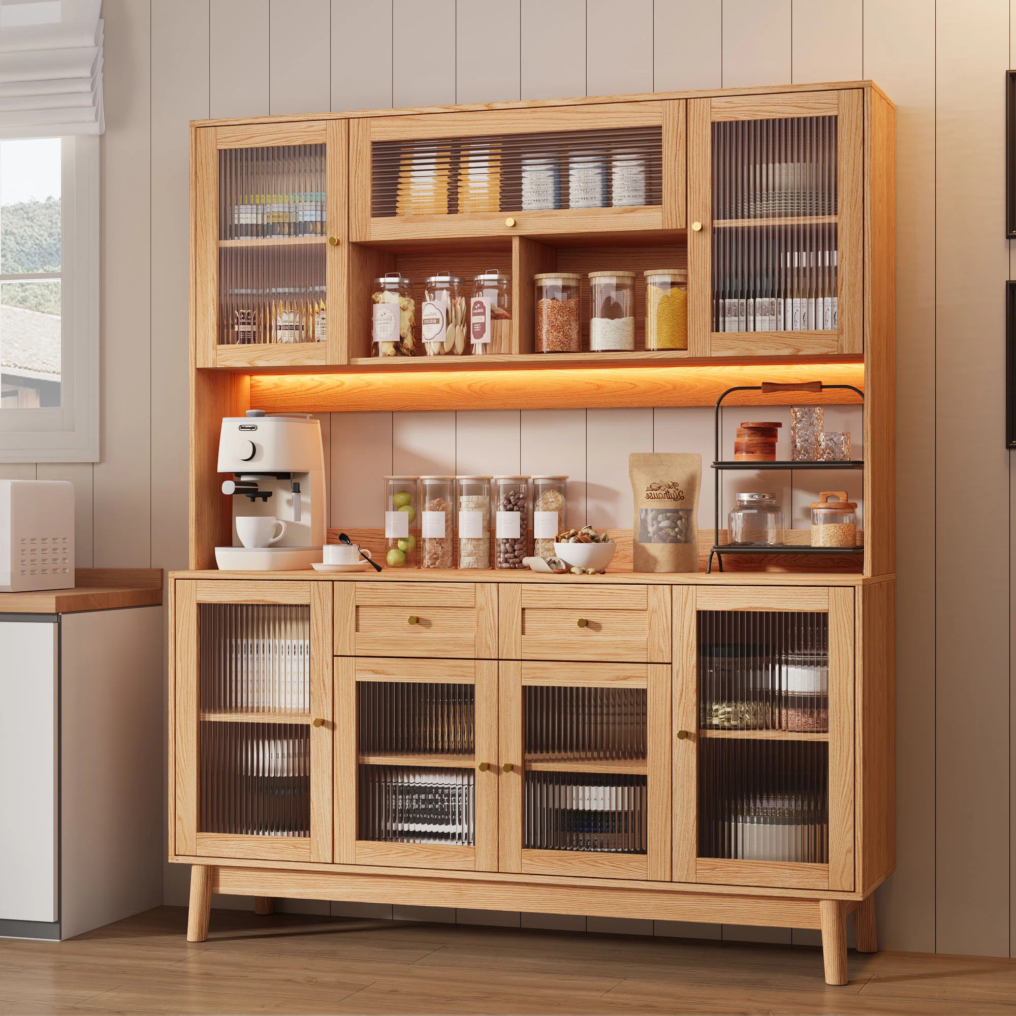 71" Kitchen Pantry Cabinet With Hutch, Freestanding Buffet With Fluted Glass Doors, LED Light | Wayfair North America