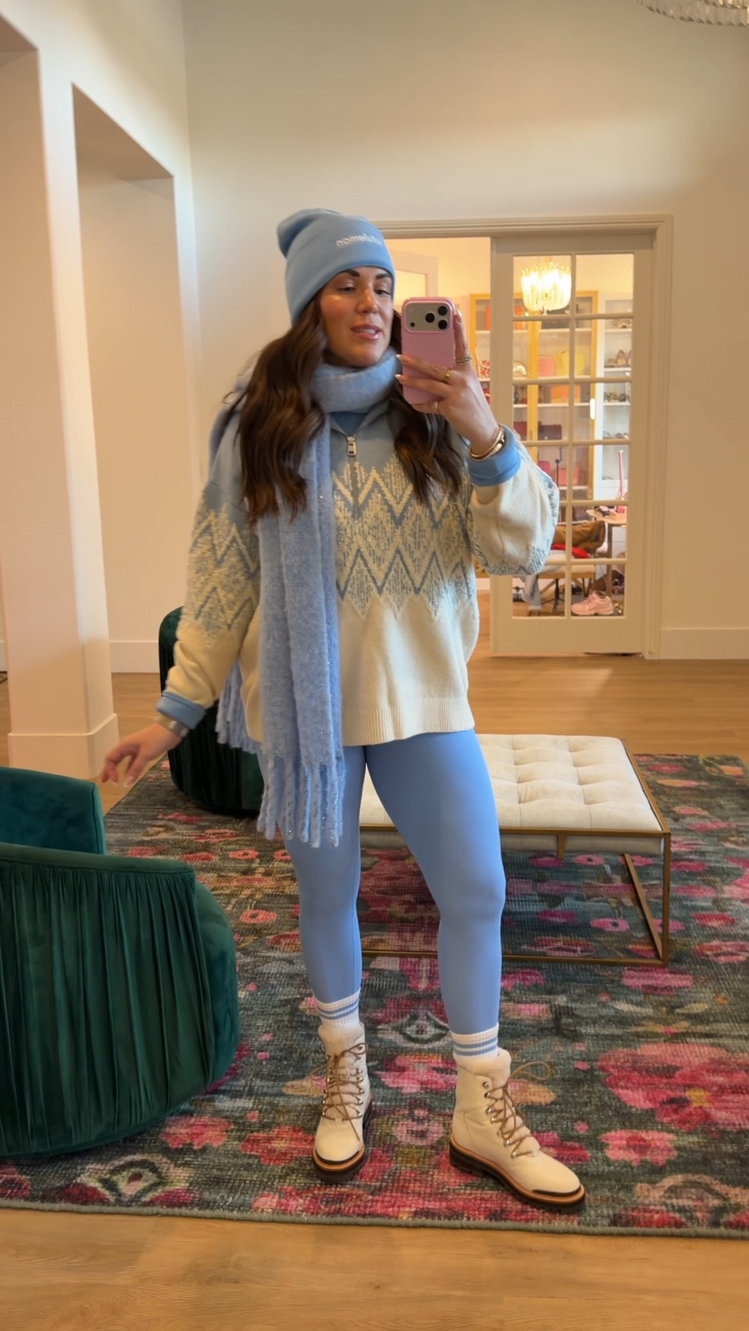 curvy midsize cool blue winter look! wearing size large in pullover, size 12 in blue long sleeve, and size 10 in blue leggings 

#LTKSeasonal #LTKMidsize