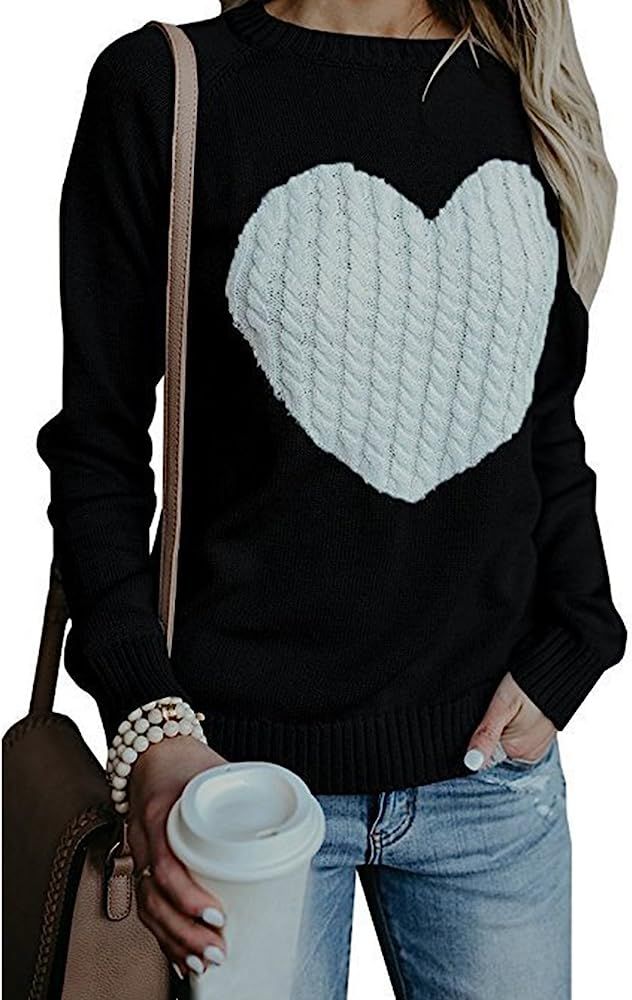 Cogild Women's Pullover Sweater Long Sleeve Crewneck Jumper Cable Knit Heart Cute Sweater Tops | Amazon (US)