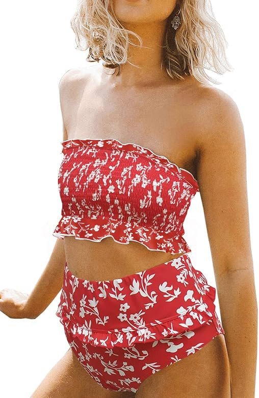 Dokotoo Women Cute High Waist Strapless Smocked Bikini Sets Swimsuit Bathing Suit | Amazon (US)