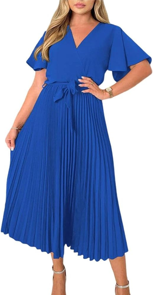 PRETTYGARDEN Women's Wrap V Neck Satin Dress Ruffle Short Sleeve Tie Waist Midi Dress Pleated A-Line | Amazon (US)