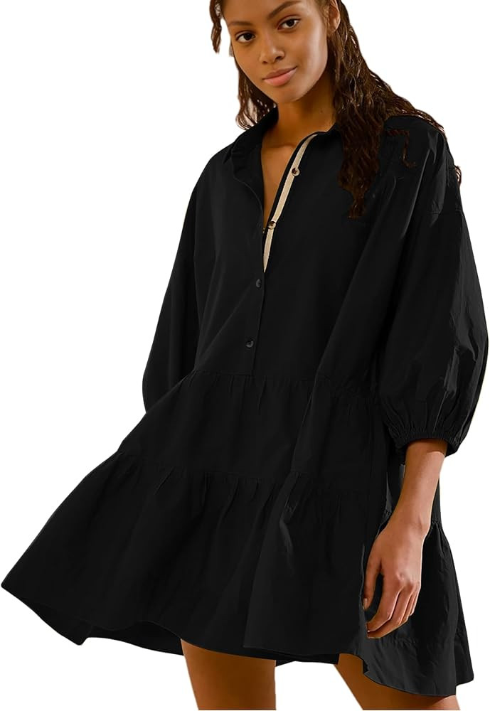 HangNiFang Women's Summer Babydoll Mini Dress Flowy Puff Sleeve Tiered Button Down Oversized Tuni... | Amazon (US)