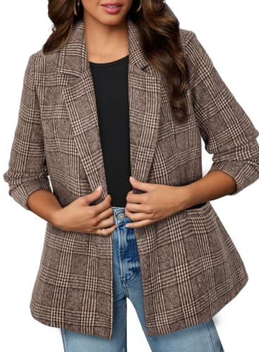 Happy Sailed Plaid Blazers for Women Business Casual Double Breasted Long Sleeve Lapel Collar Open Front Blazer Jackets Professional Office Woman Clothes 2025 Coffee Small | Amazon (US)