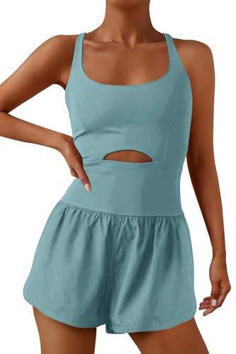 ReachMe Womens Running Onesie Workout Rompers Athletic Romper One Piece Outfits Exercise Jumpsuits Gym Yoga Clothes(Sage,XS) | Amazon (US)