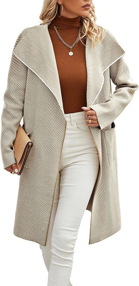 ECOWISH Women Cardigan Jacket Coat - Fall 2023 Knit Lapel Long Sleeve Striped Casual Open Front S... | Amazon (US)