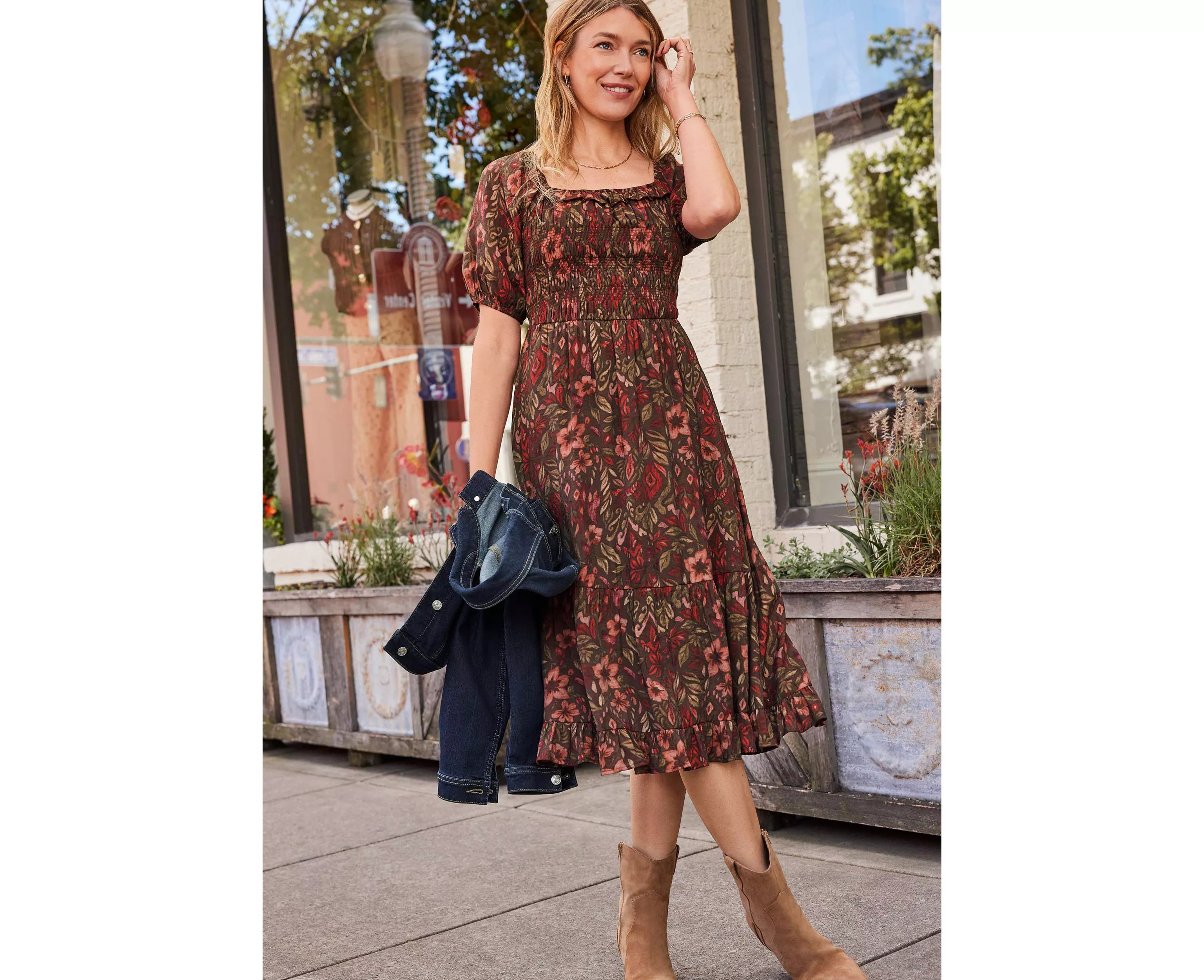 Floral Square Neck Smocked Bodice Midi Dress | maurices | Maurices