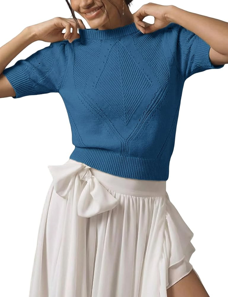 Yeokou Women Puff Short Sleeve Sweater Casual Crewneck Pullover Tops Crochet Knit Shirt | Amazon (US)