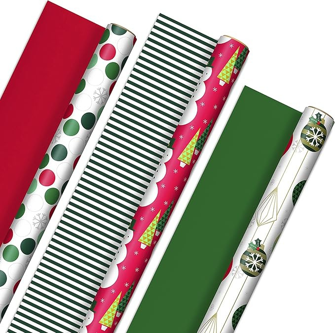 Hallmark Reversible Christmas Wrapping Paper (3 Rolls: 120 sq. ft. ttl) Retro Ornaments, Stripes,... | Amazon (US)