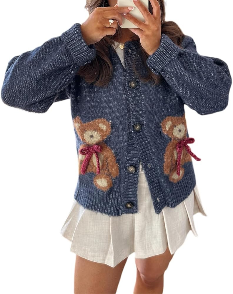 Women Y2K Button Down Cardigan Sweater Long Sleeve Cute Bow Bear Open Front Cropped Knit Cardigan... | Amazon (US)